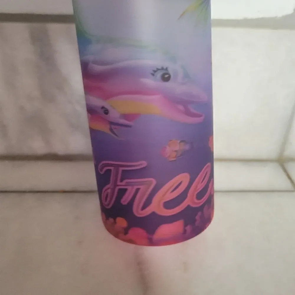 Multicolor Tumbler w/ Wooden Lid & Straw Dolphins Jellyfish Underwater Sea